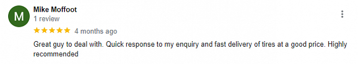 Tyres customer Old Town Autos Google review. Highly recommended.