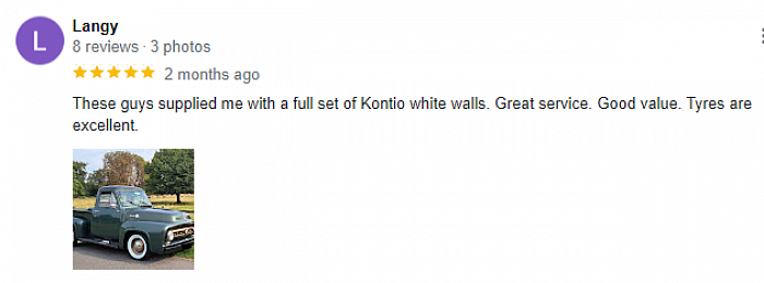 Google review Old Town Autos Kontio white wall tyres.