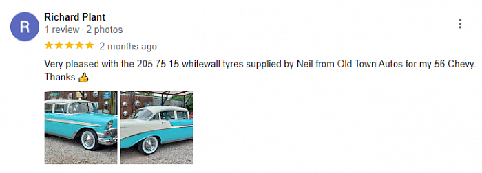 Google review of Old Town Autos whitewall tyres 56 Chevy